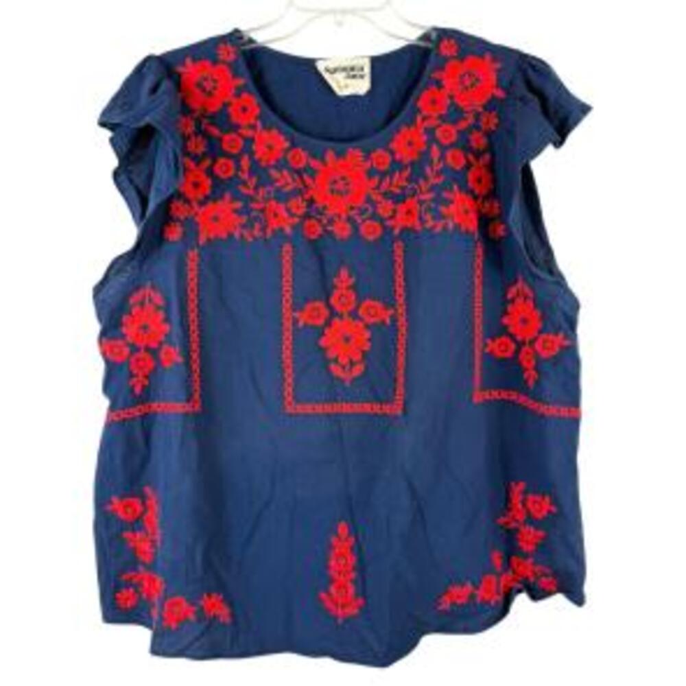 Savanna Jane Tunic Top Womens 1X Blue Floral Embroidered Boho Peasant Artsy
